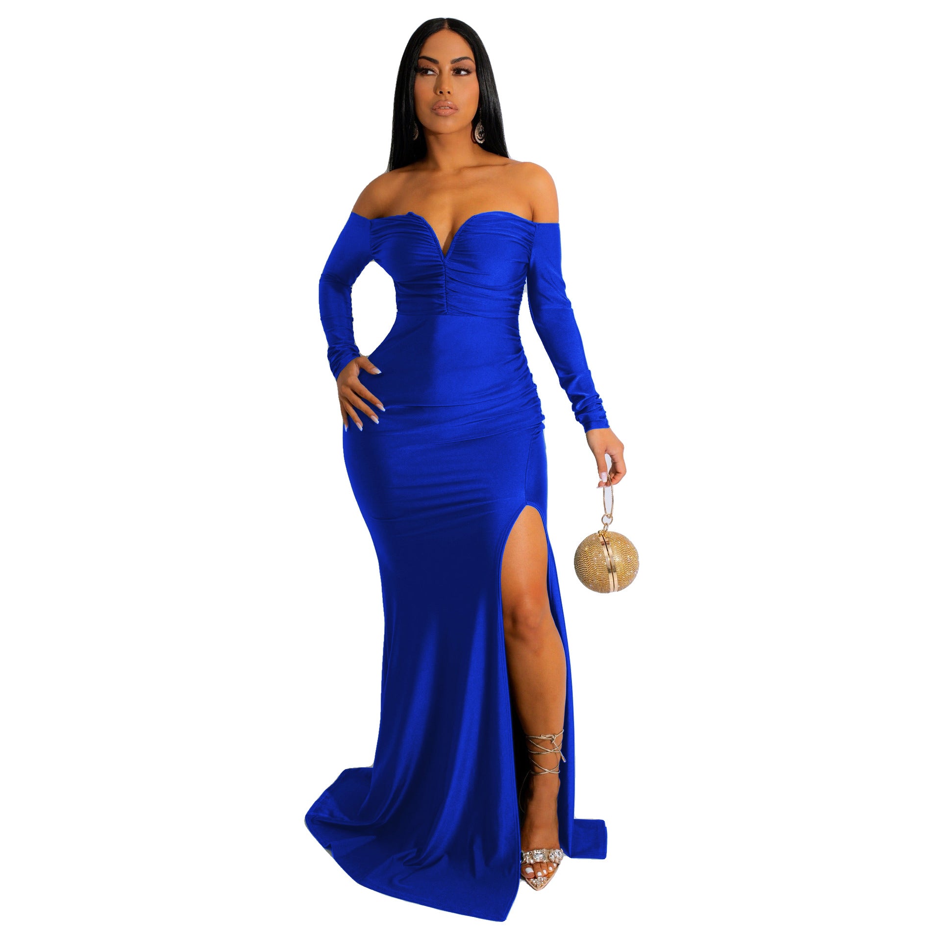 Women'S Sexy Solid Off Shoulder Long Sleeve Slit Evening Dress 9
