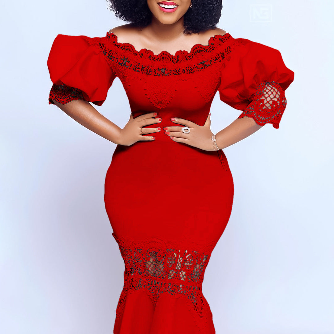 Women Off Shoulder Puff Sleeve Lace Patchwork Formal Party Mermaid Dress 5