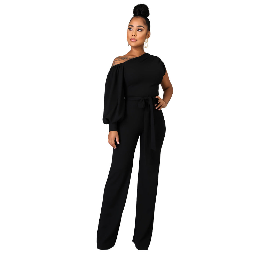 Women Solid Color One Shoulder Wide Leg Jumpsuit 3