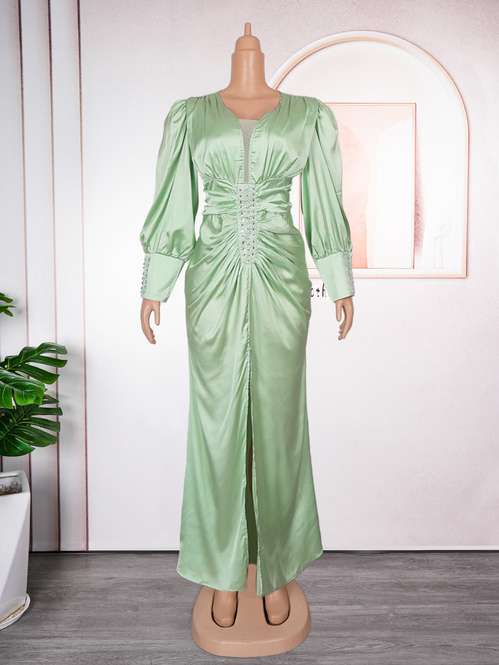 Elegant Solid Color Long Sleeve High Waist Formal Party Plus Size Dress Dubai Winter African Women's Clothing 12