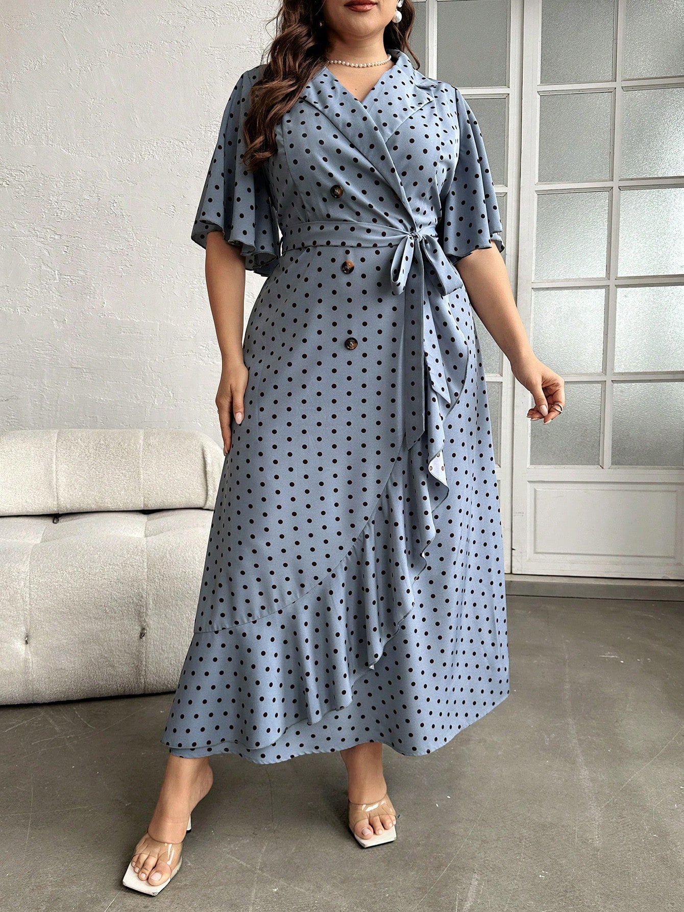 Plus Size Summer V-Neck Lace-Up Slim Waist Polka Dot Dress 6