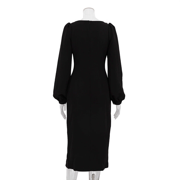 Women Chic Elegant Diamond Square Neck Long Sleeve Slim Waist Slit Bodycon Dress 6