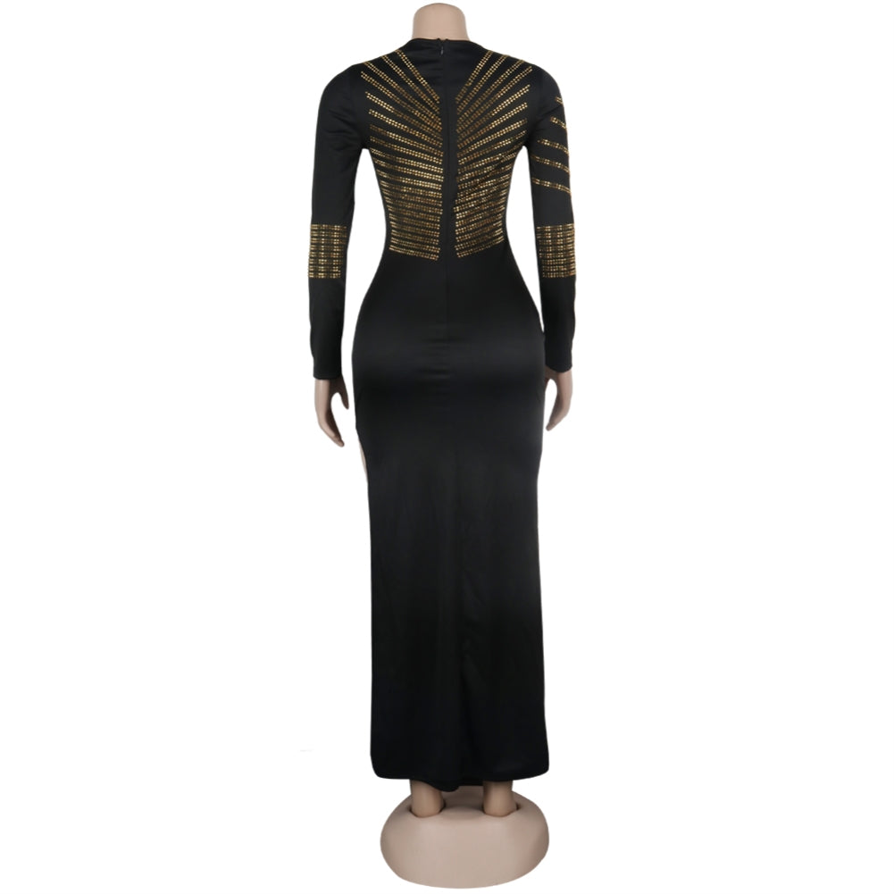 Black and Gold Sequins Slit Evening Dress with Sleeves 5