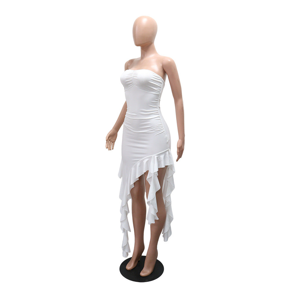 Women's Strapless Irregular Solid Color Ruffled Bodycon Dress 7