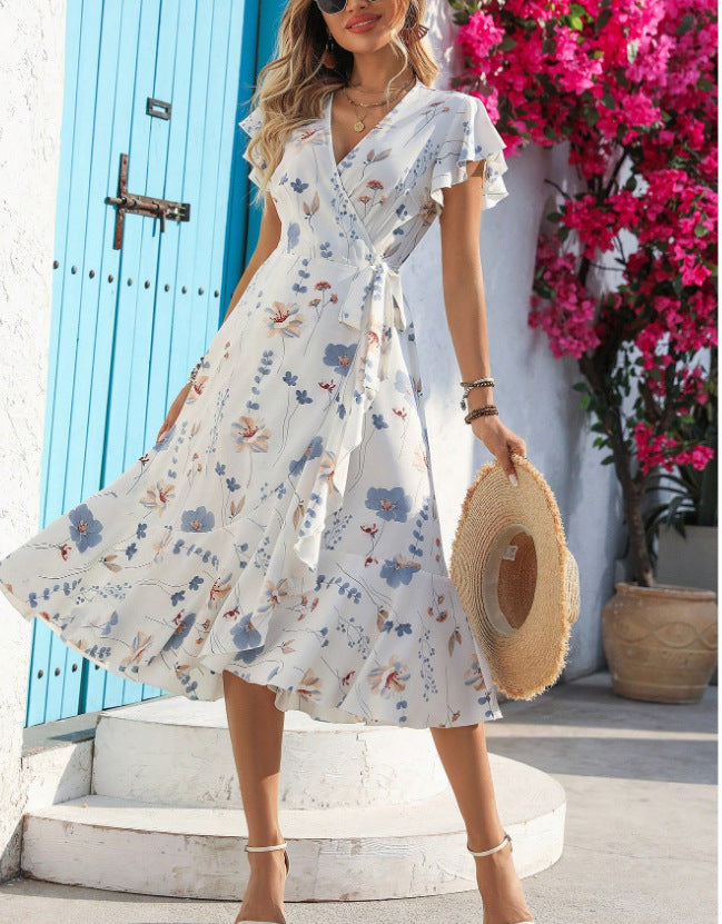 Women Summer Printed Ruffle Short Sleeve Lace Dress