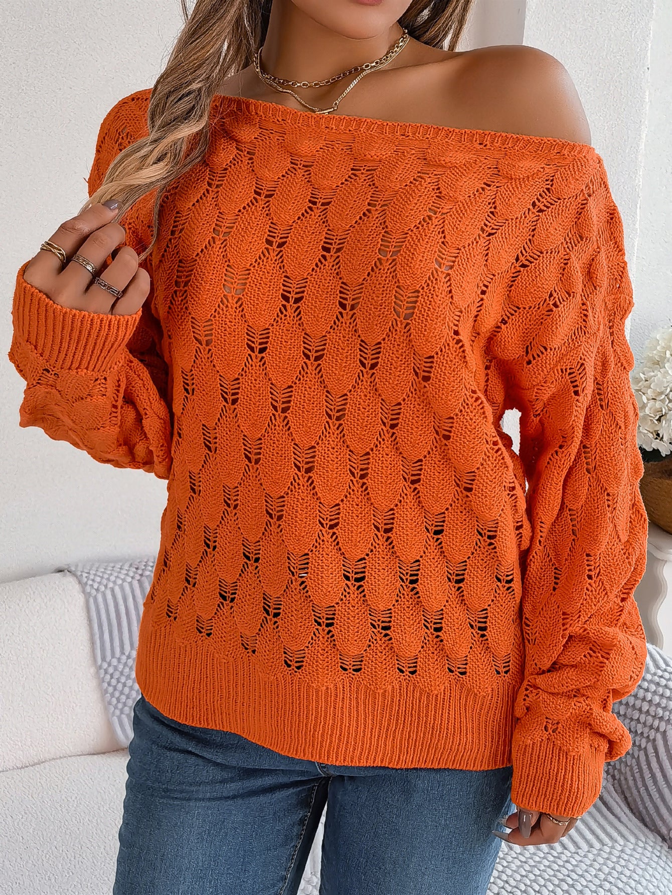 Women Autumn and Winter Casual Feather Hollow Off Shoulder Off-Shoulder Balloon Sleeve Sweater 7