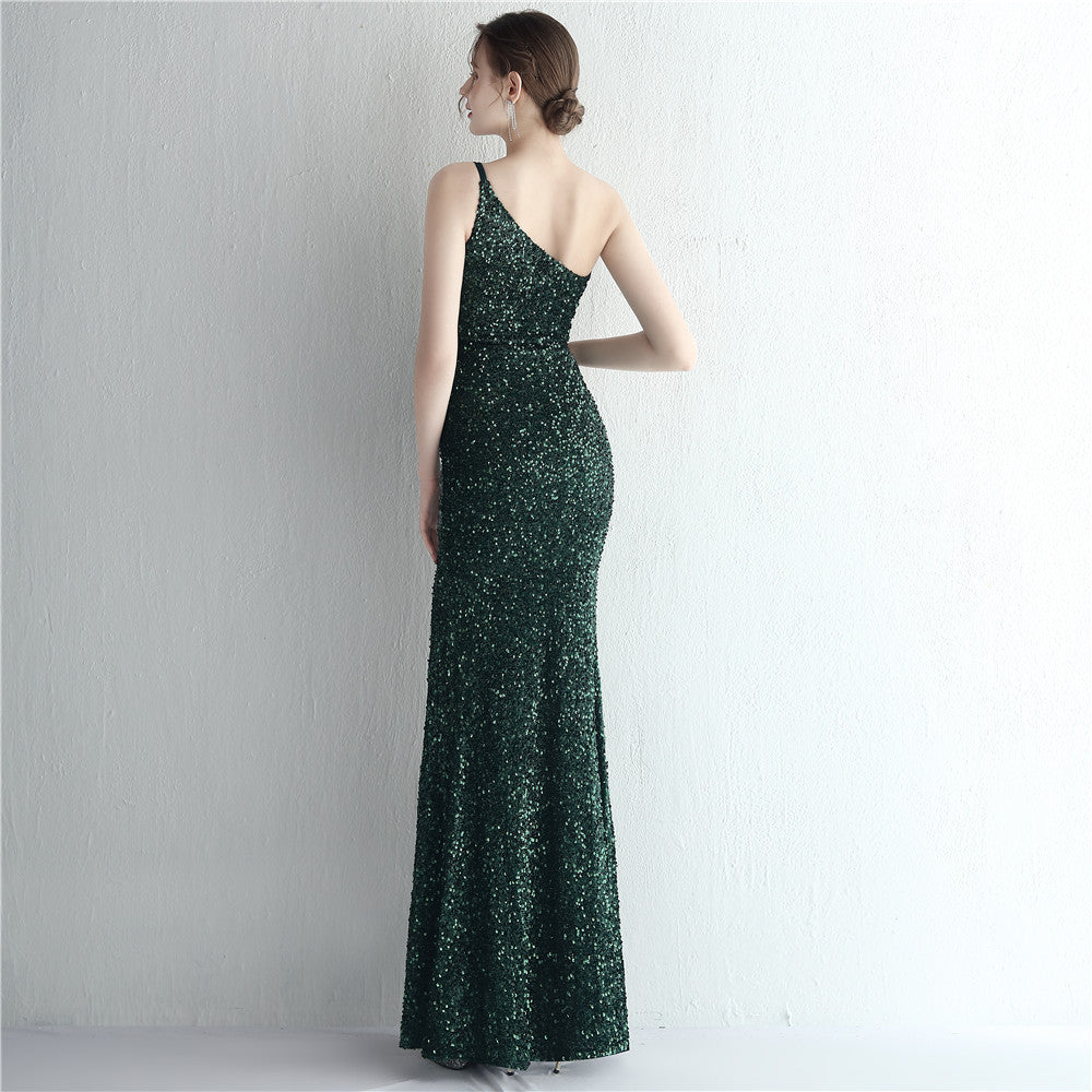 Women Sequined One Shoulder Strap Formal Party Slit Mermaid Evening Dress 11