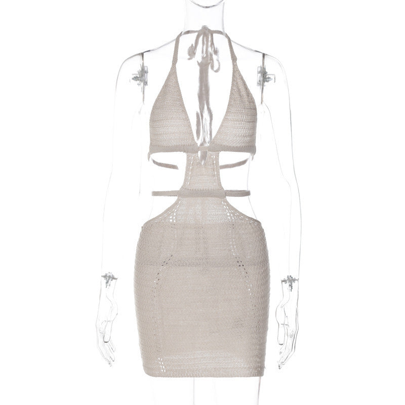 Women sexy Halter Neck wrap chest hollow patchwork lace-up dress 3