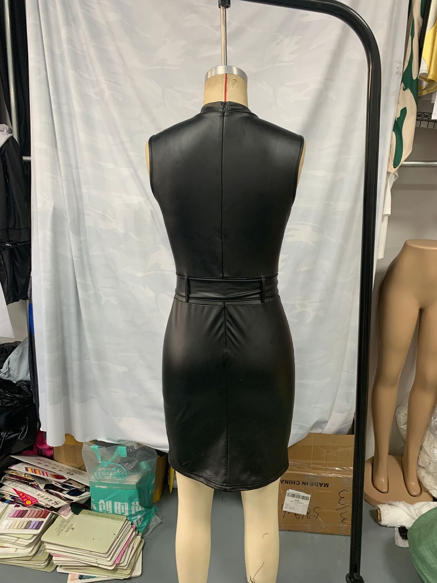 Women Casual Pu-Leather drawstring Bodycon dress