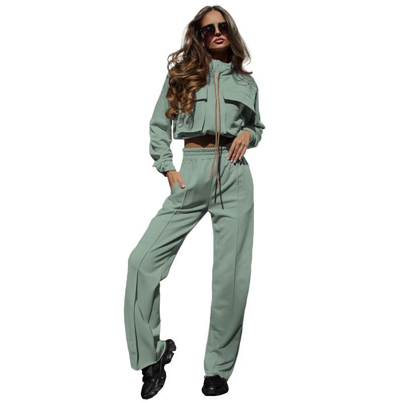 Autumn Winter Solid Color Zipper Double Pocket Drawstring Long Sleeve Top Fashion Casual Pants Suit 10