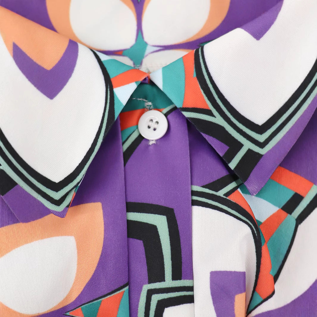 Plus Size Women's Printed Slim Waist Chic V-Neck Slit Belted Shirt Dress 5