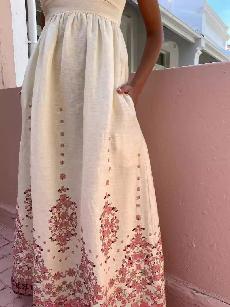 Spring Summer Strap Fashionable Printed Linen Dress 4