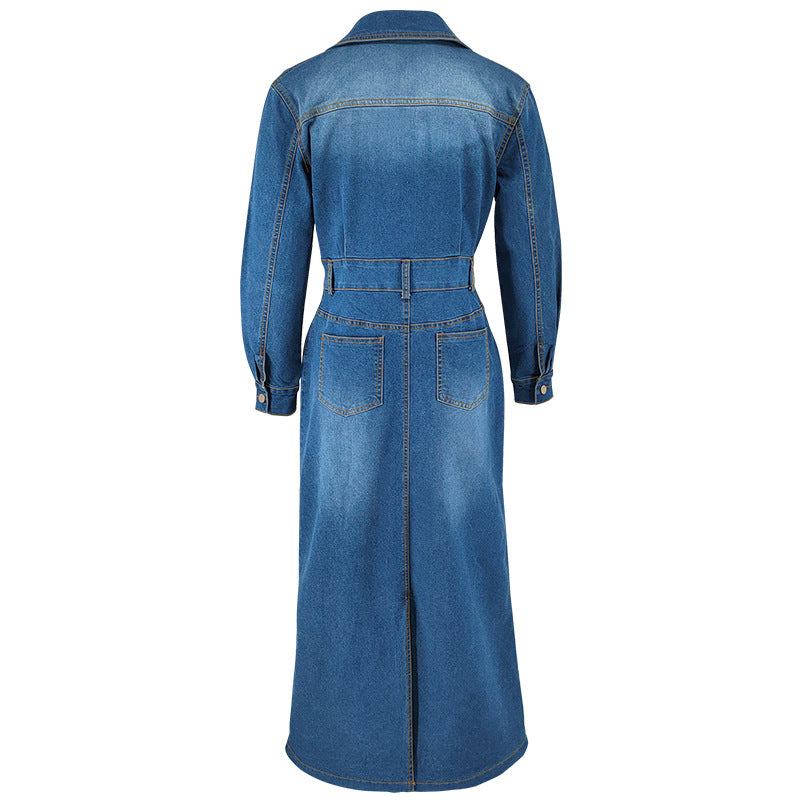 Women's Long Sleeve Turndown Collar Denim Button Slit Long Dress 9