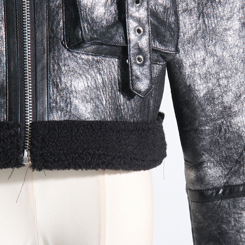 Autumn and winter fashion Chic fur pocket decoration Turndown Collar short jacket 12