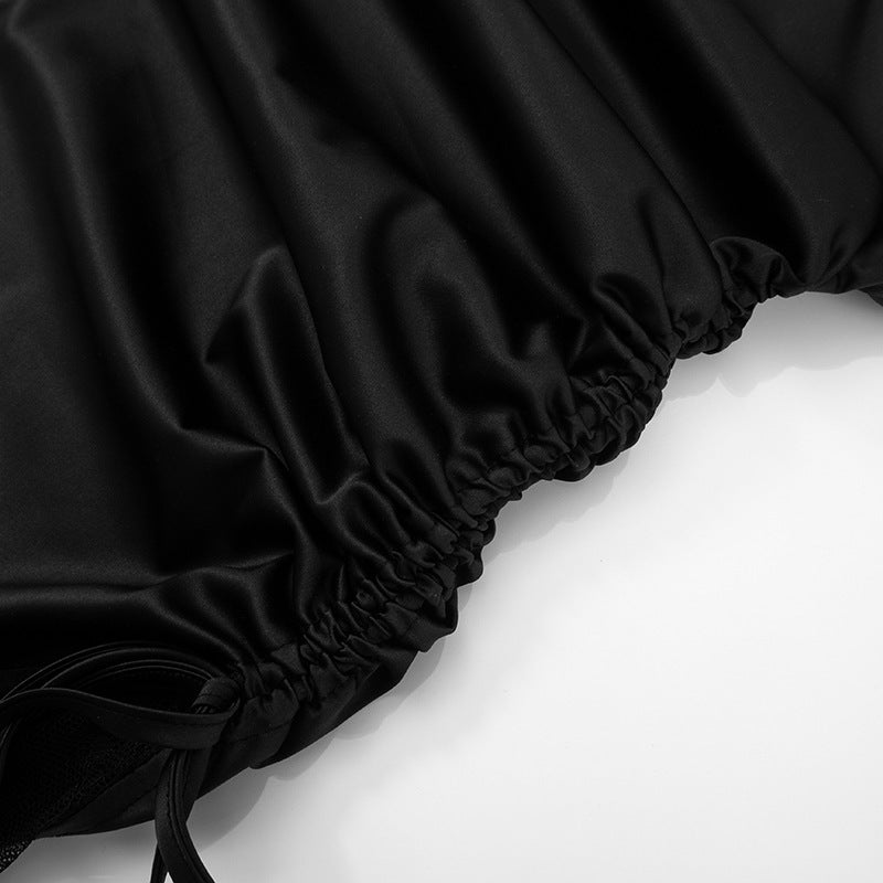 Women Summer Sexy Suspender Drawstring Patchwork Lace Bodycon Dress 15