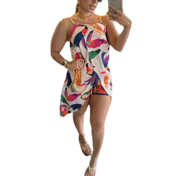Women Sexy Printed Suspender Slit Dress and Shorts Two-piece Set 9