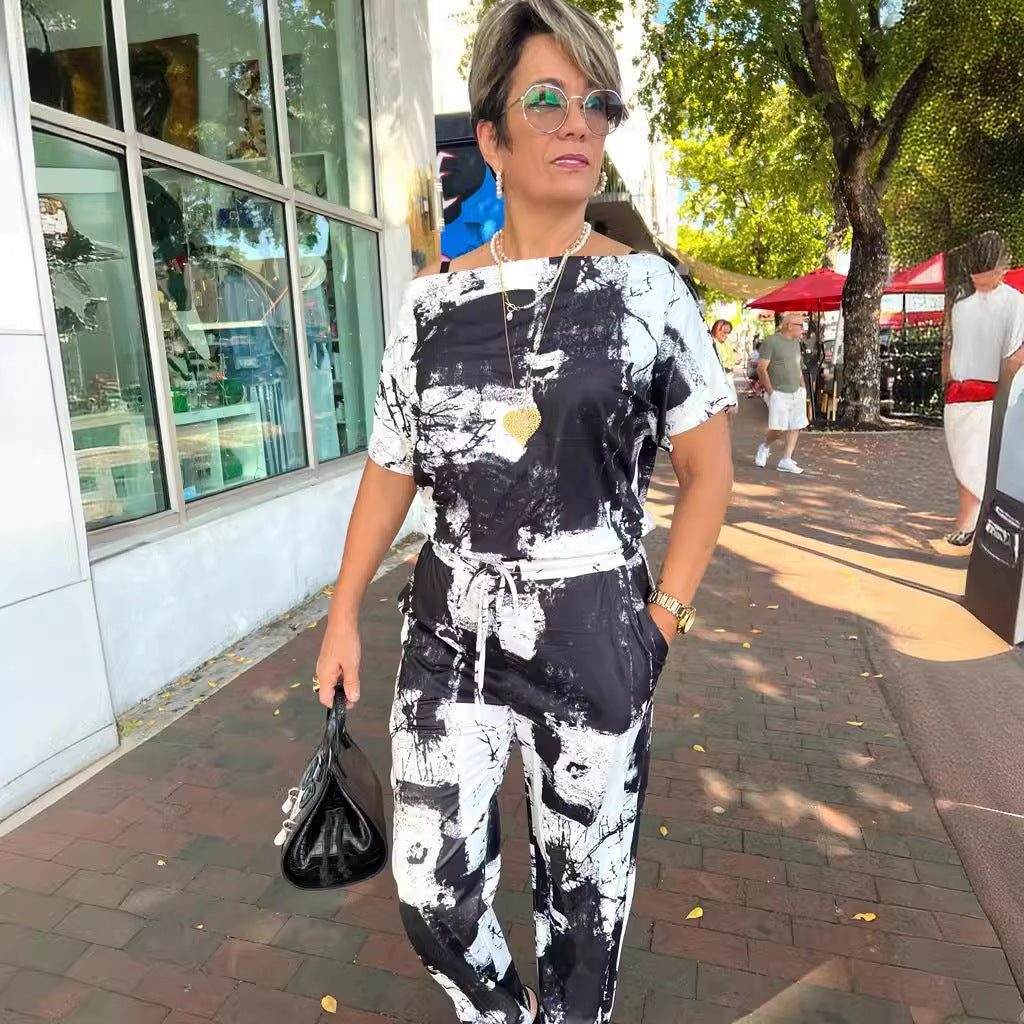 Women Sexy Printed Short Sleeve Off Shoulder Stretch Jumpsuit 4