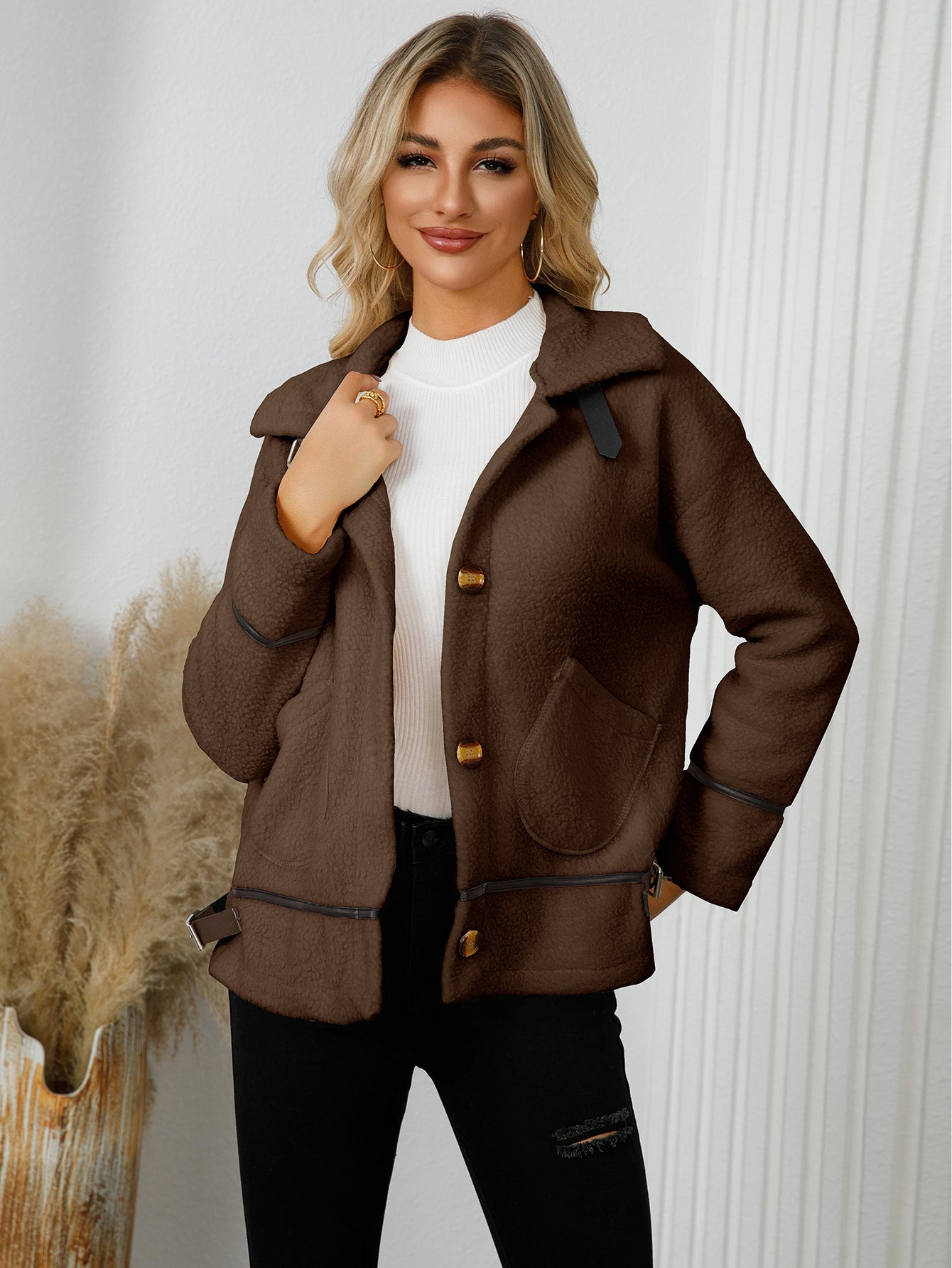 Women's Turndown Collar button lamb fleece jacket short coat 10