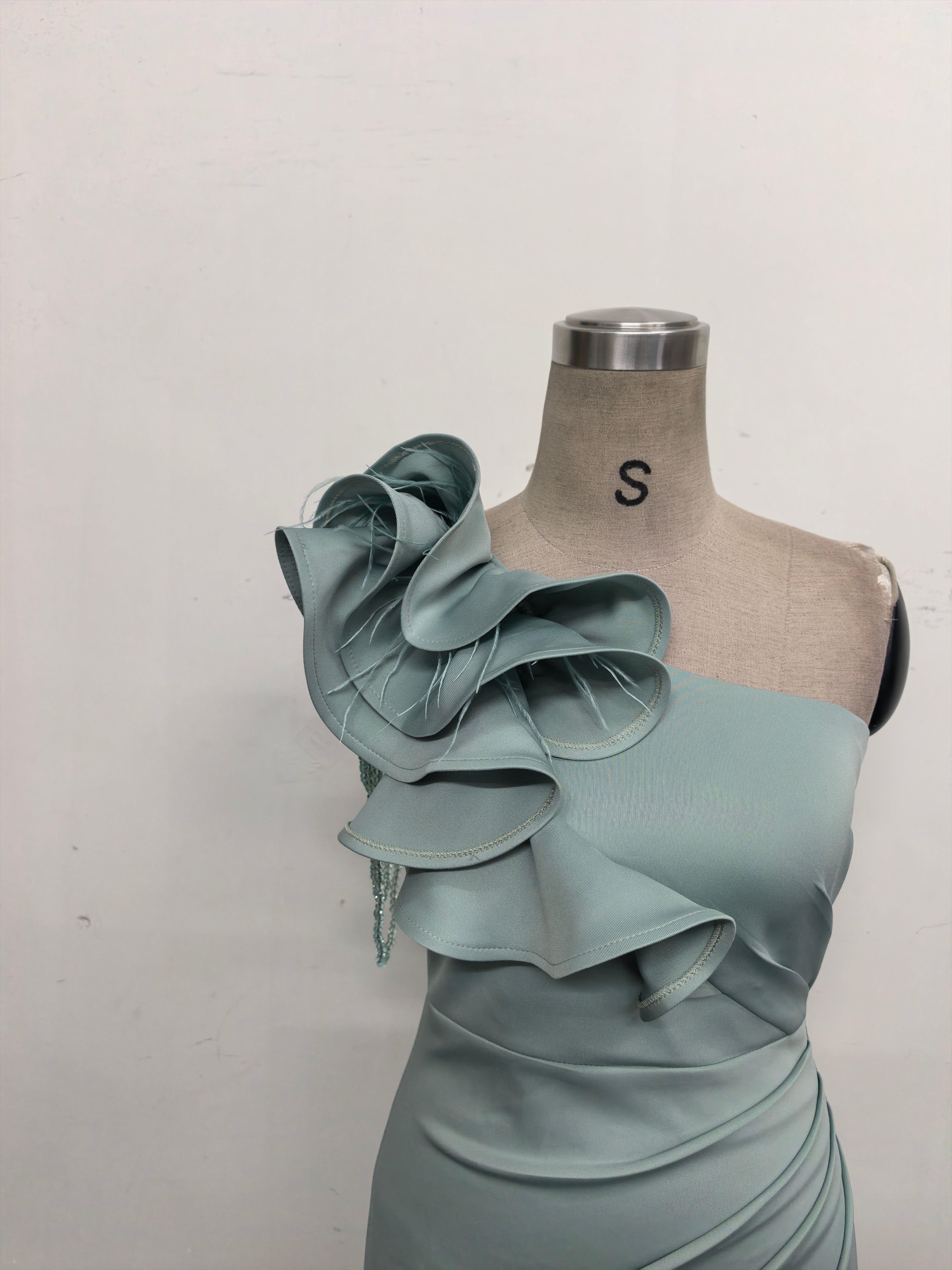 Women One-Shoulder Beaded Wool and Floral Satin Slit Sexy Evening Dress 30