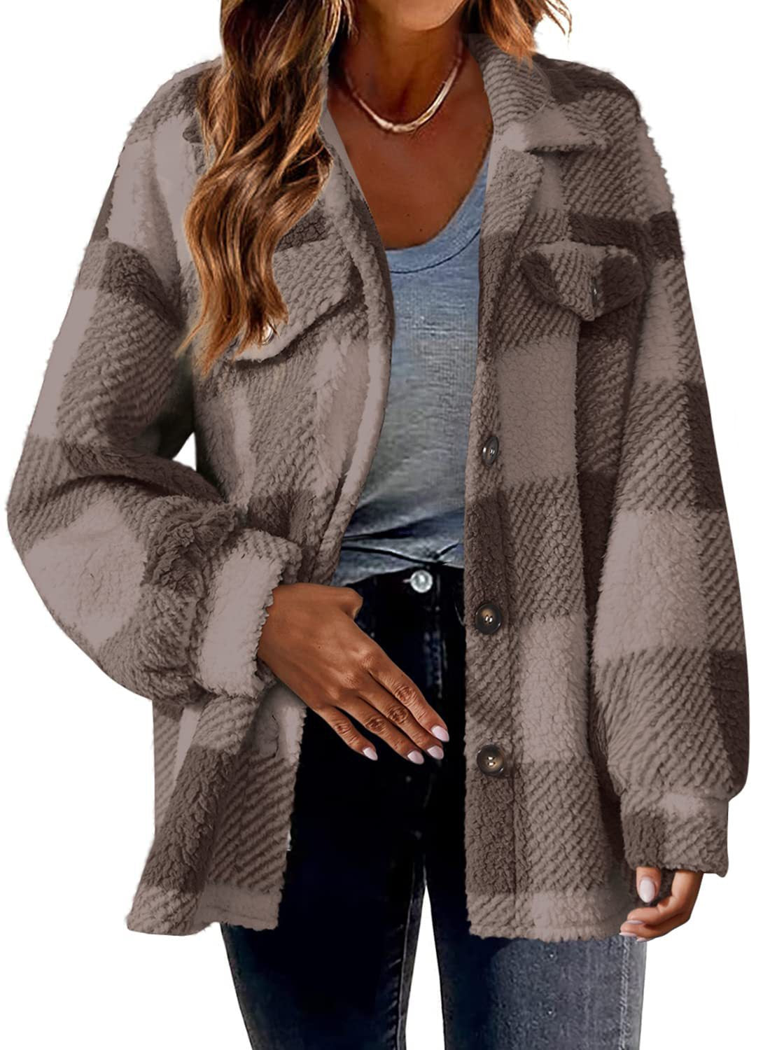 Women's Autumn And Winter Plaid Pockets Button Plush Jacket 6