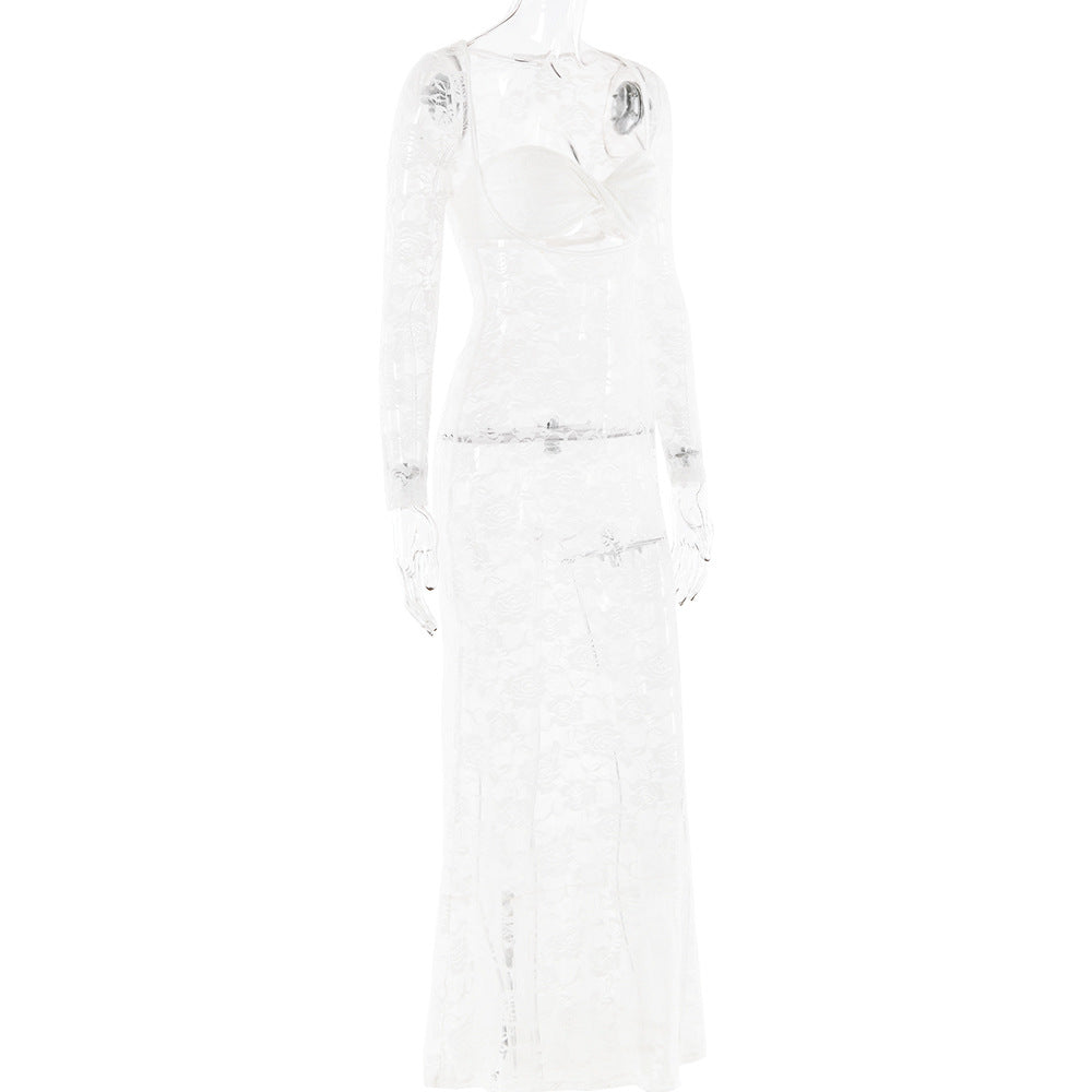 Women sexy lace See-Through long-sleeved dress 8