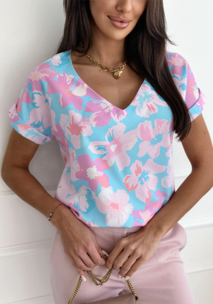 Women summer printed V-neck loose short-sleeved shirt