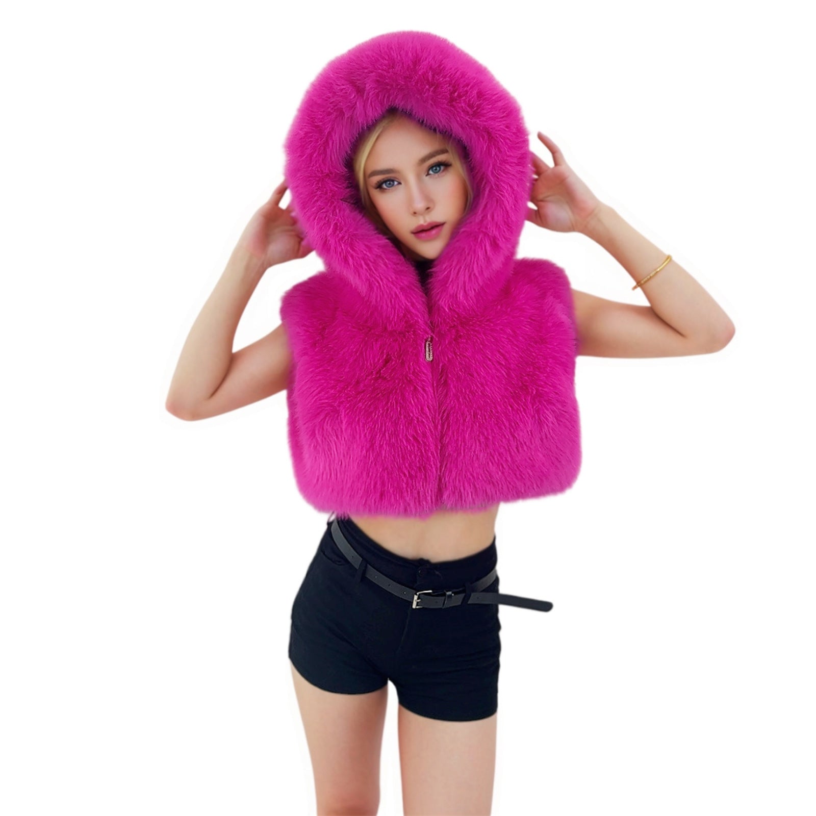 Women Solid Pu-Leather Zippered Hooded Sleeveless Crop Top 18