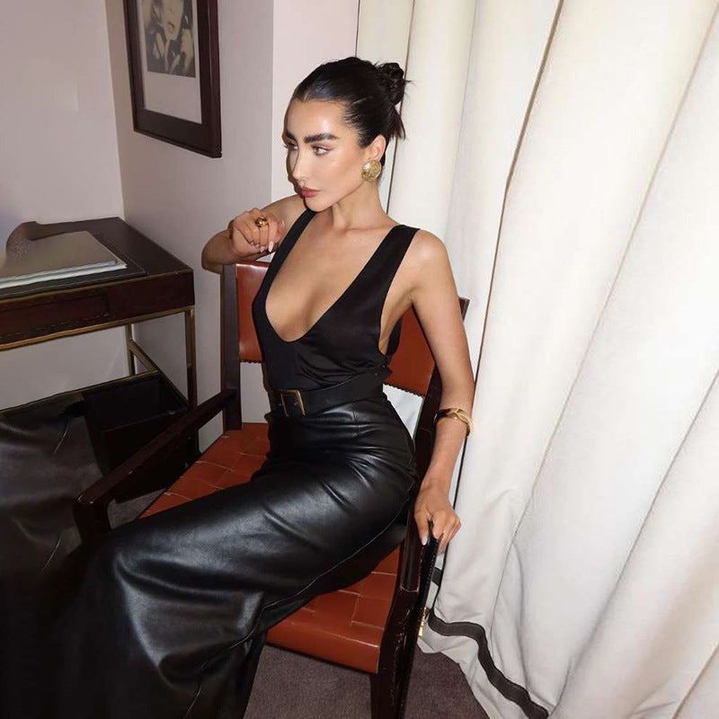 Women's Fashion Sexy Low Cut Sleeveless Slim Pu Patchwork Bodycon Dress 4