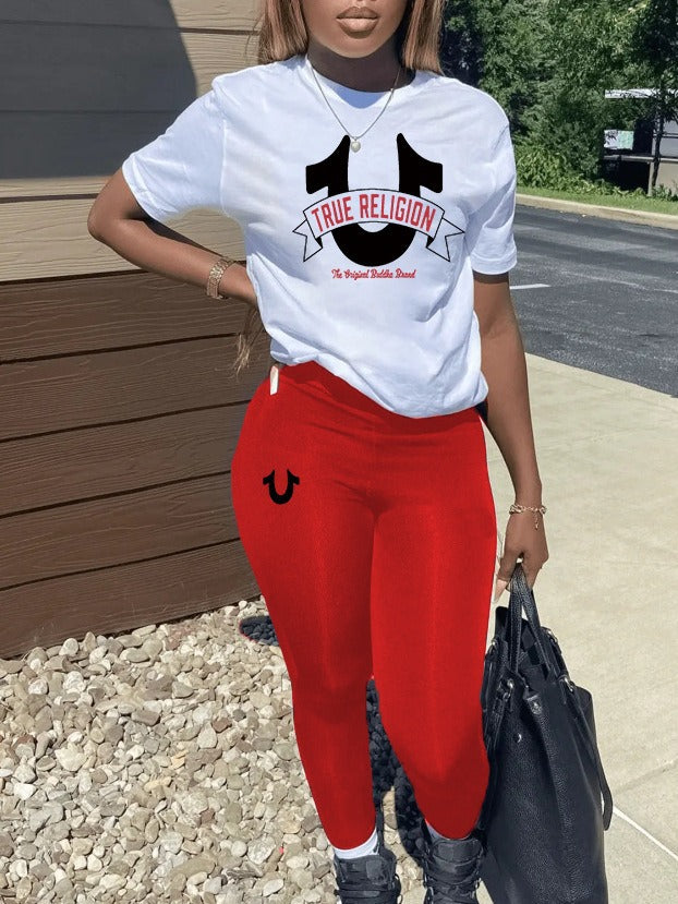 Spring summer women print casual short sleeve two piece pants sets 3