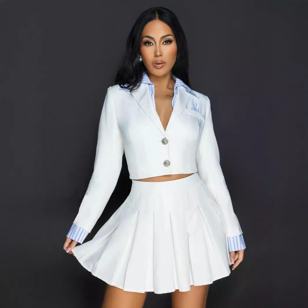 Women Casual Turndown Collar Fake Two-piece Top and Pleated Skirt Two-piece Set 5