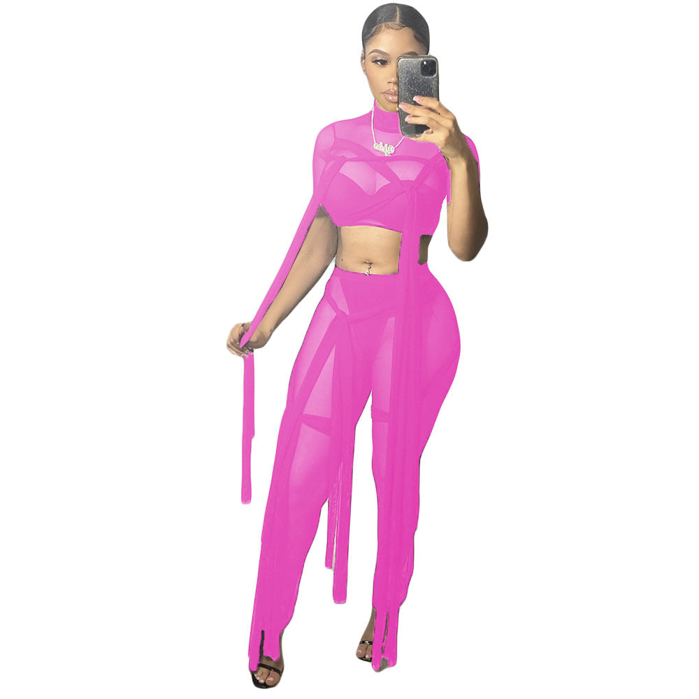 Women's Sexy Mesh See-Through Lace-Up Solid Color Short Sleeve Two-Piece Pants Set