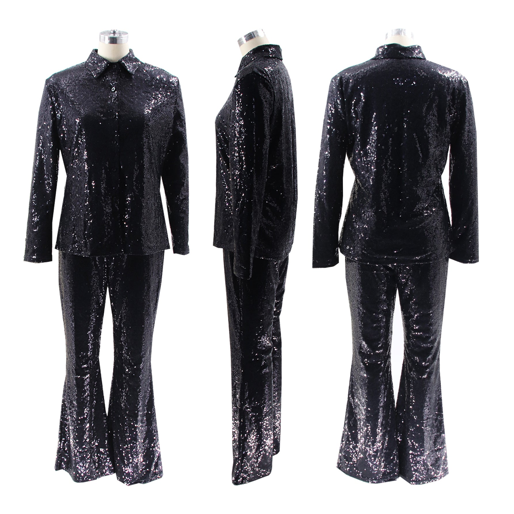 Fashionable and Sexy Casual Slim Turndown Collar Sequin Two Piece Pants set 15