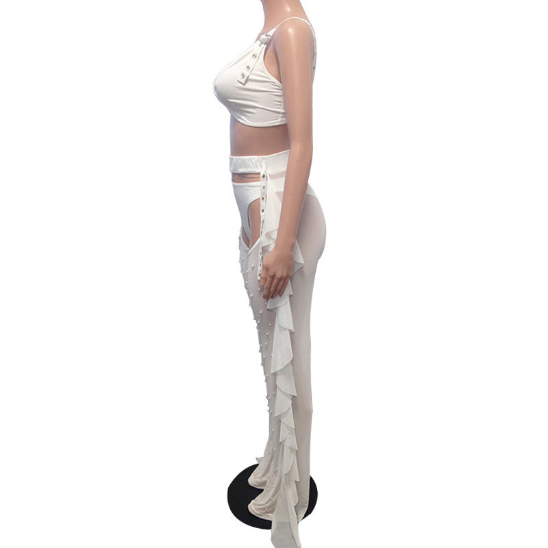 Women's Sexy Mesh Beading Mesh Ruffle Pants Set 7