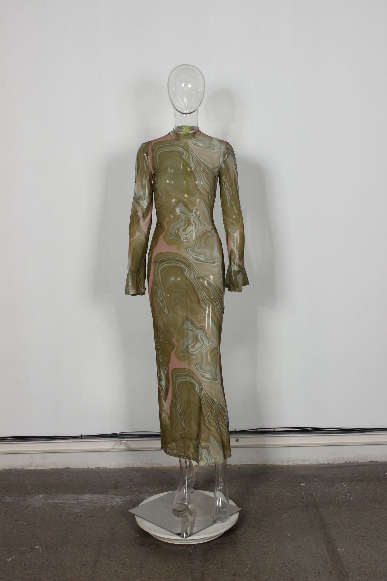 Print Mesh Bell Sleeve See-Through Dress 12