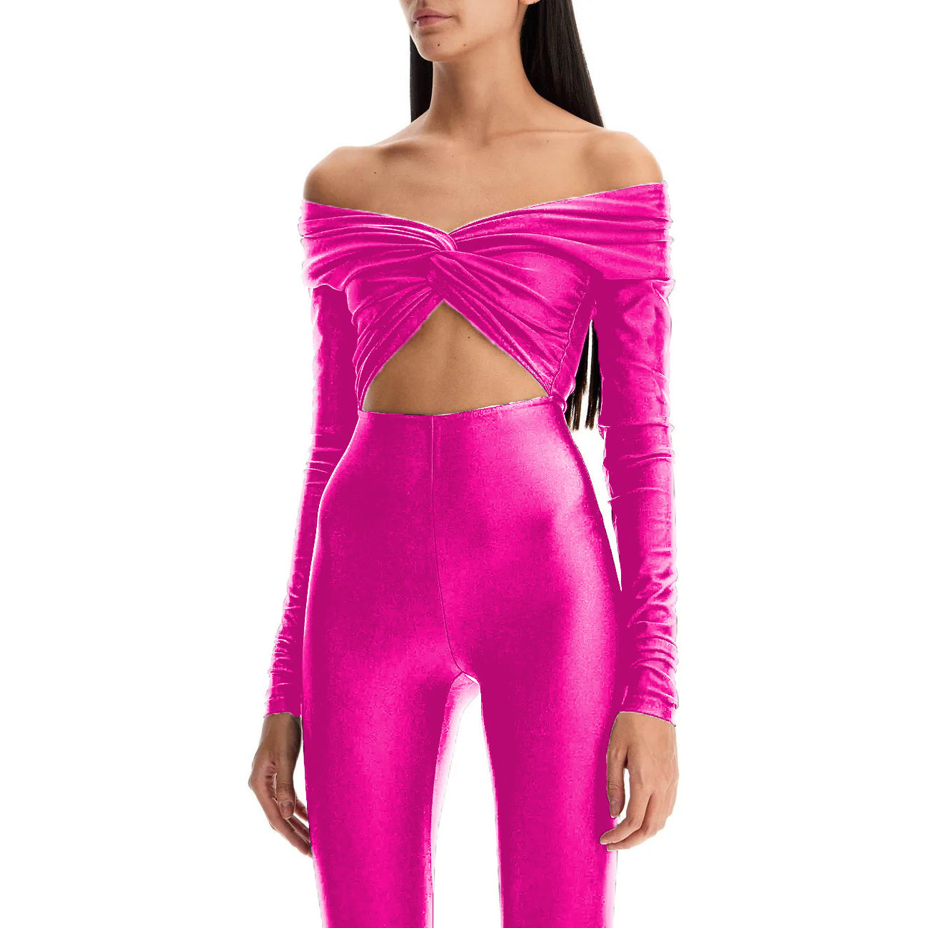 Sexy Women's Solid Color Off Shoulder Hollow Long Sleeve Tight Slim Jumpsuit 4