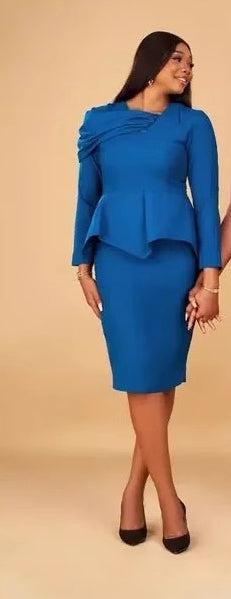Women Blue Career Long Sleeve Dress 3