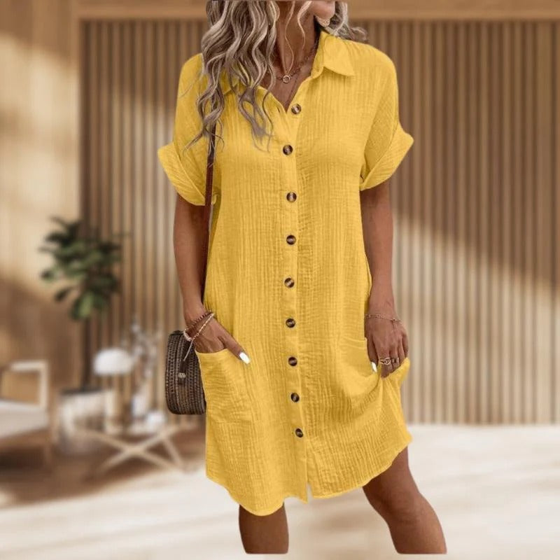 Casual Linen Button-Up Solid Color Loose Shirt Dress 9