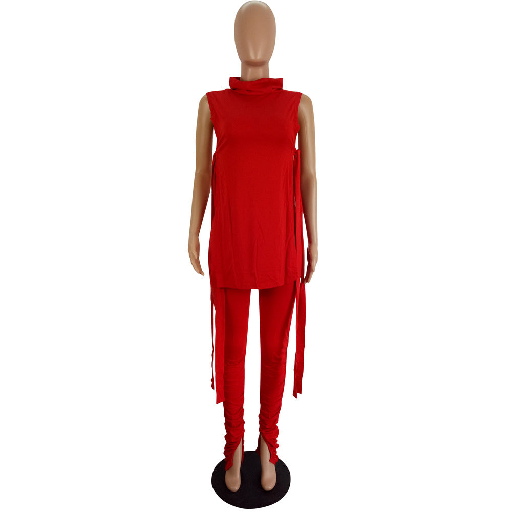 Women's Spring Summer Fashion Sexy Solid Side Lace-Up Two-Piece Pants Set 11