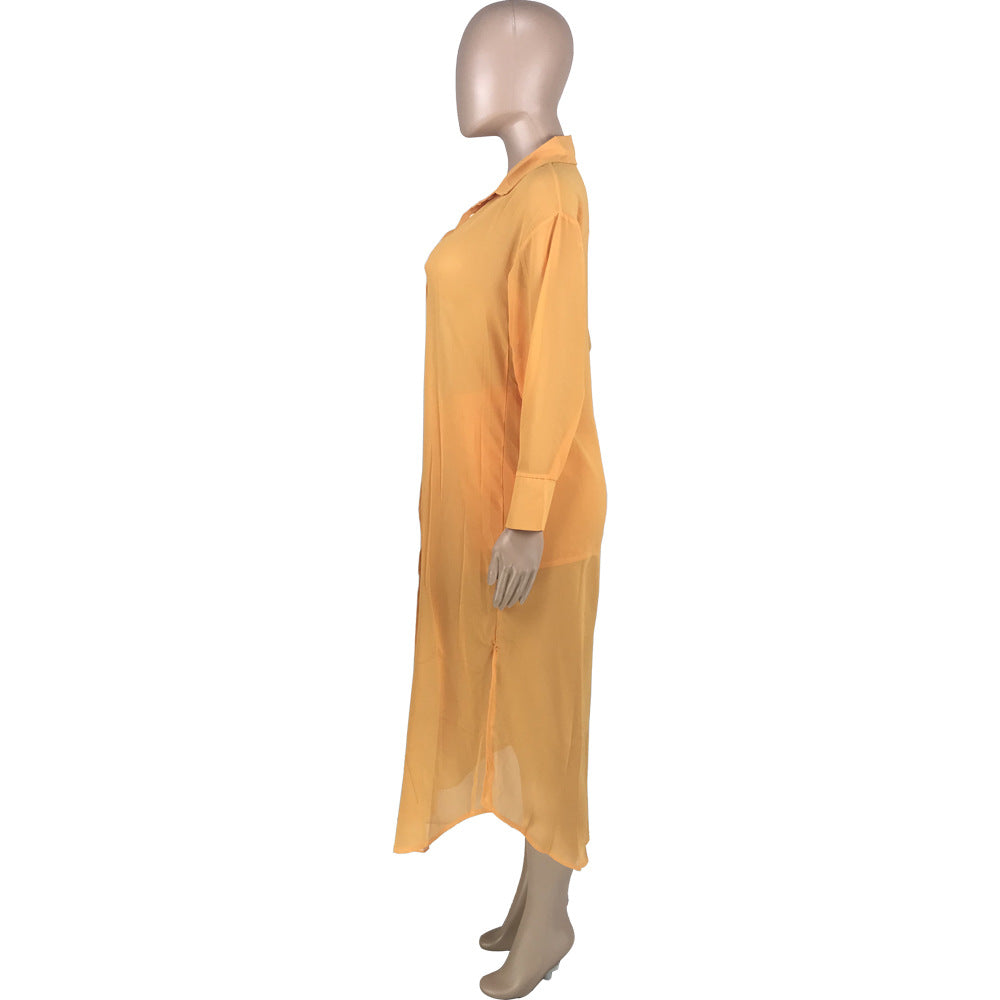 Women's Fashion Button Slit Casual Sexy See-Through Sun Protection Jacket And Shorts Two Piece Set 14