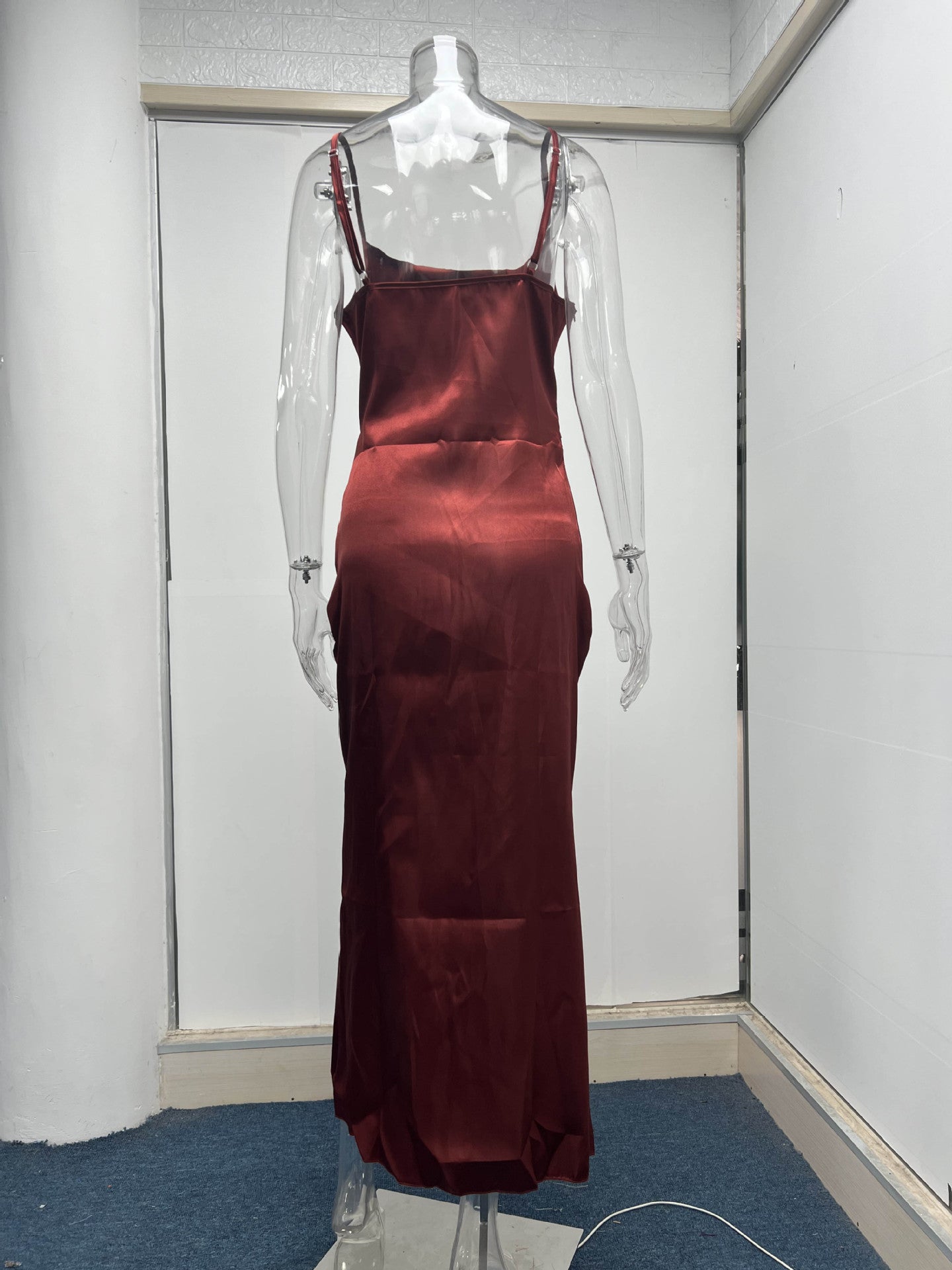 Sexy Low Cut Satin Slit Strap Dress Slim Fit Low Back Maxi Dress 35