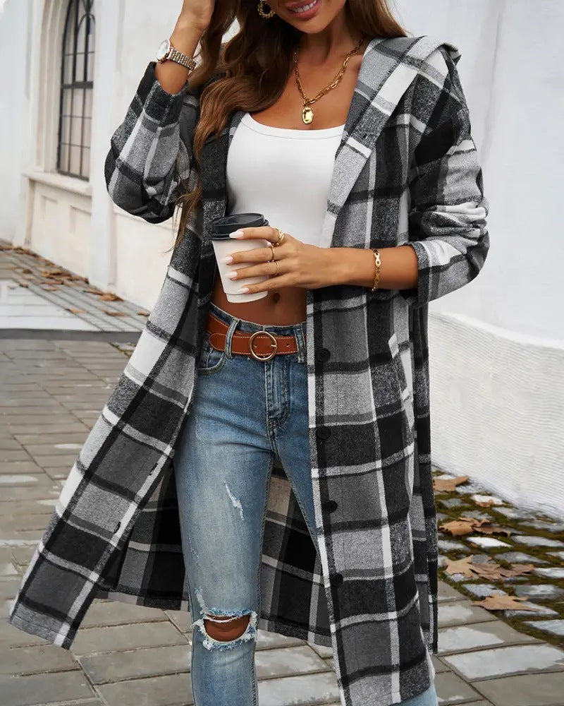 Women Plaid Hooded Long-sleeved Coat