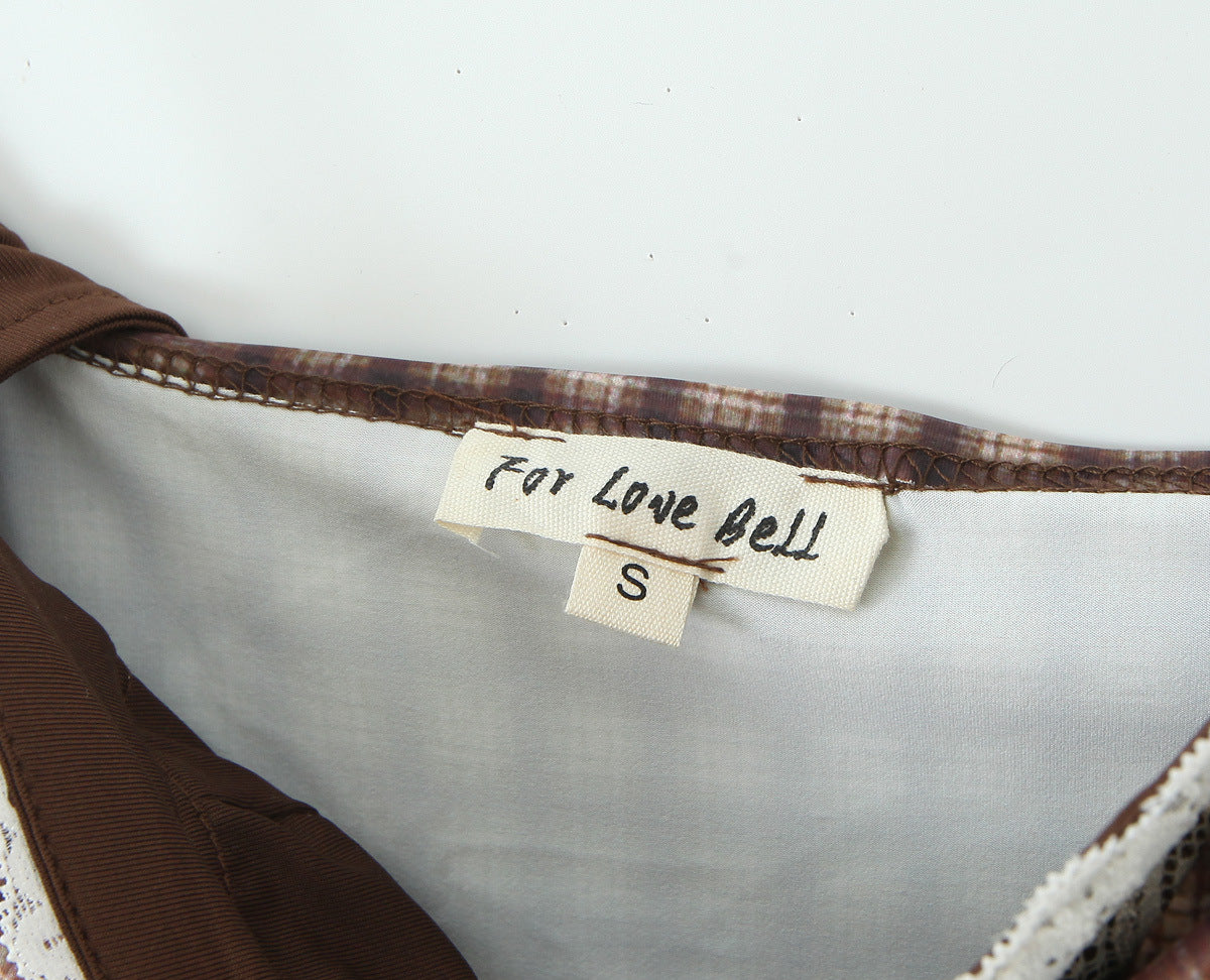 Cami Top and Low-Waist Bodycon Skirt Plaid Lace Patchwork Set 16