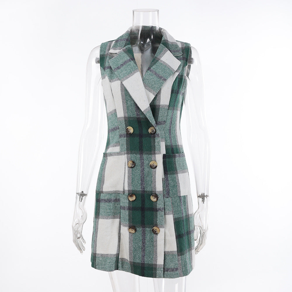 Women's Fashion Plaid Long Vest Turndown Collar Sleeveless Blazer 31