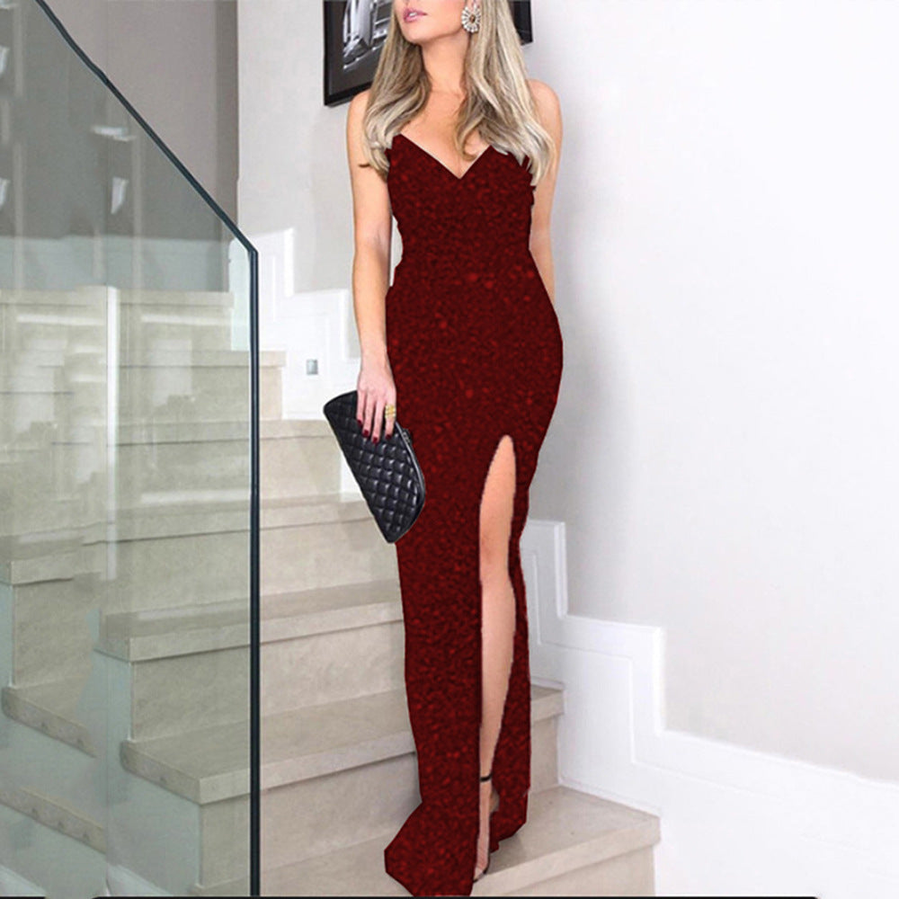 Summer Women's High Waist Sexy Fashion Straps Sequin Slit Dress 11