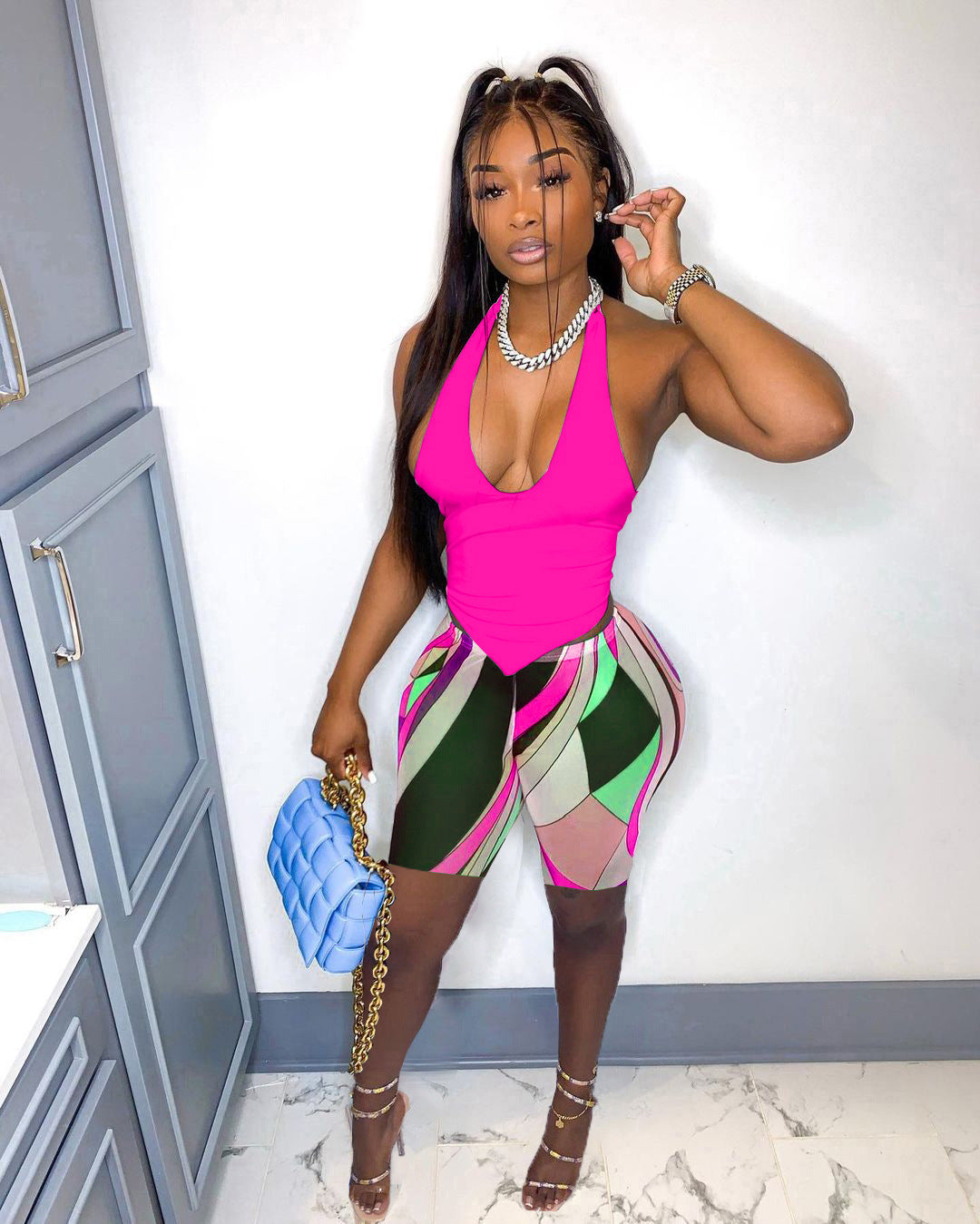 Women's Halter Neck Low Back Lace-Up Hollow Two-Piece SHorts Set 6