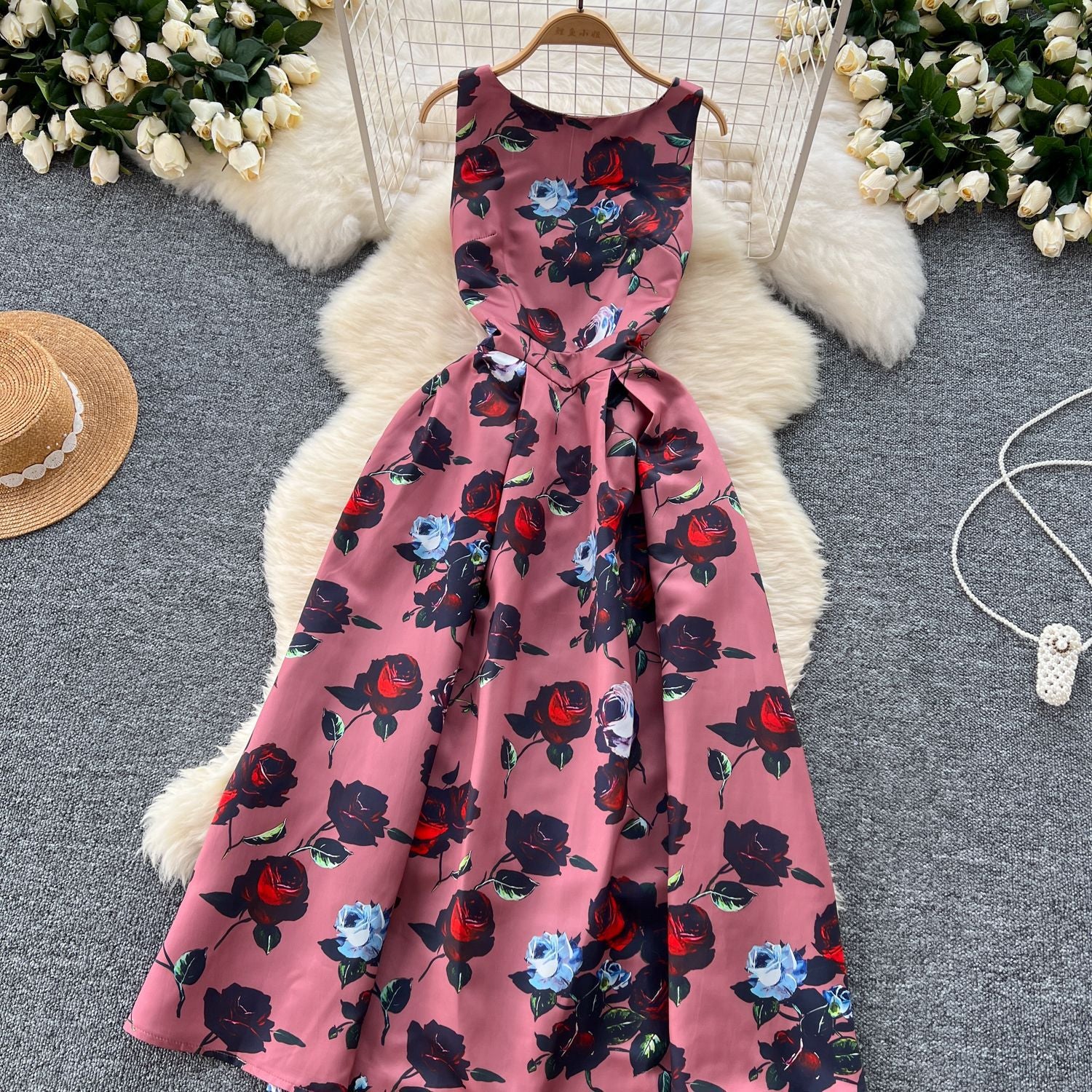 Fashion Printed Round Neck Slim Waist Pleated Flare Sleeveless Mini Dress 38