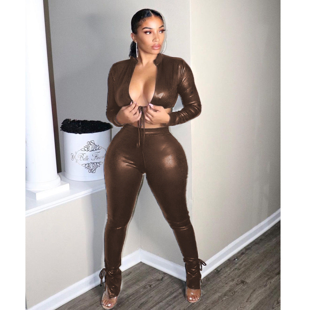 Women's Fashion Leather Stand Collar Top Lace-Up Trousers two piece pants set 3