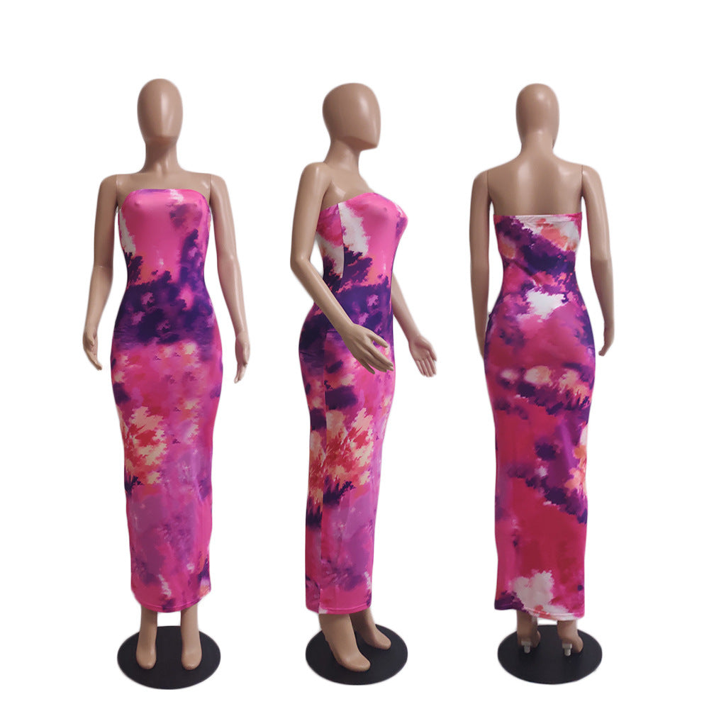 Summer Women's Sexy Printed Strapless Chic Tight Fitting Printed Long Dress 10