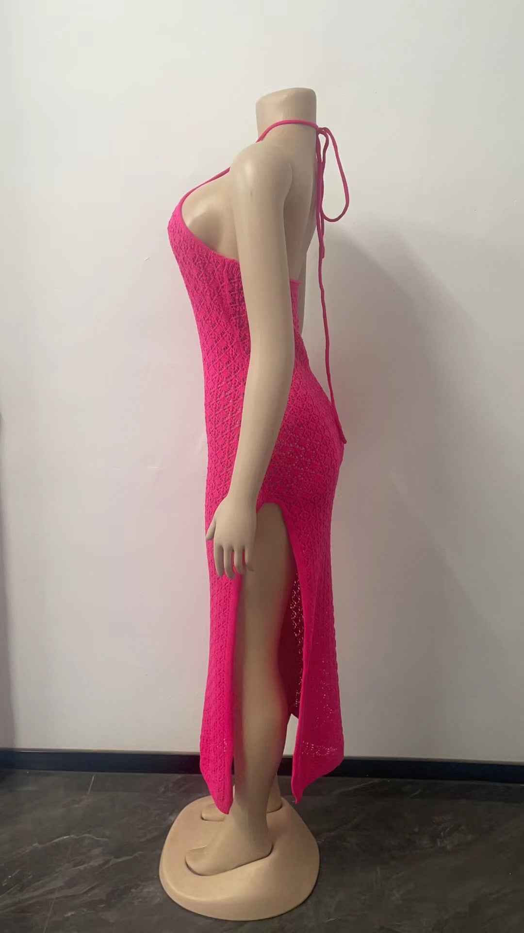 Sleeveless Chic Slit Knitting Dress Women's Cutout Halter Neck Strap Sexy Low Back Cheongsam 14