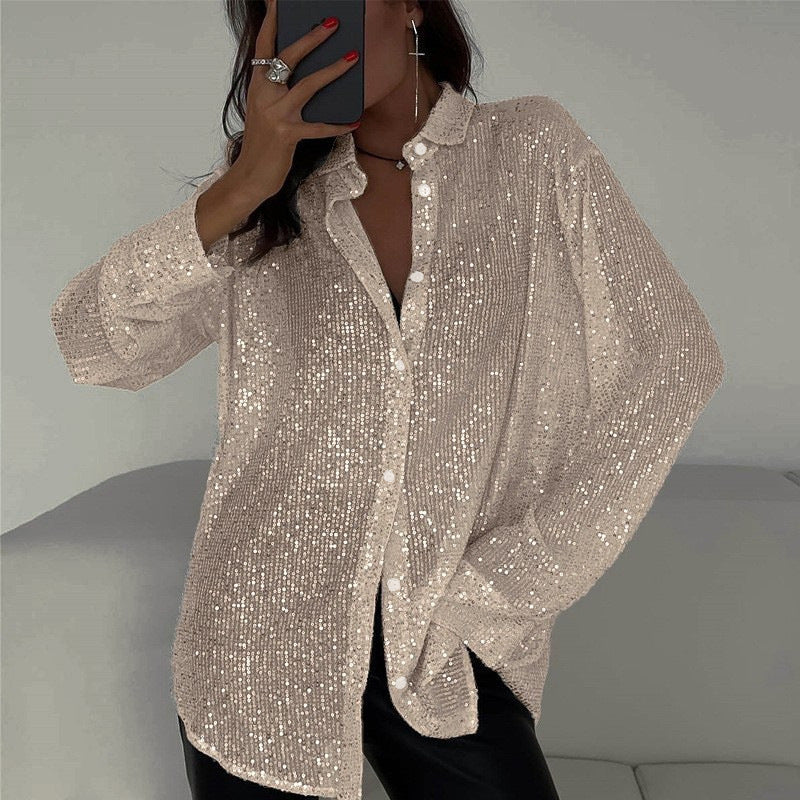 Spring Autumn Solid Color Sequin Casual Turndown Collar Loose Long Sleeve Blouse For Women 6